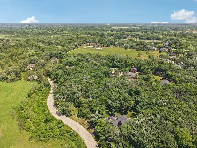 an aerial view of residential houses with outdoor space and trees