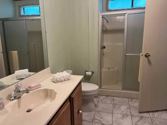 a bathroom with a sink toilet and shower