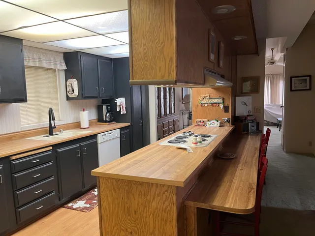 a kitchen with a sink a refrigerator and cabinets