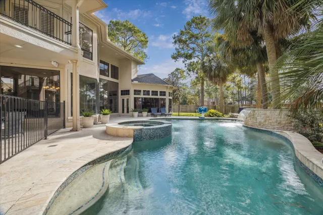 a view of a park with large trees