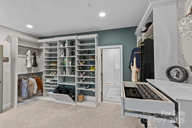 a view of walk in closet with clothes and shoes