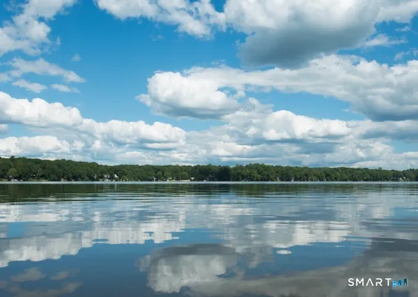 a view of a lake with houses in the back