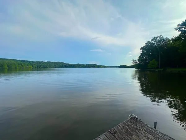 a view of a lake from a yard