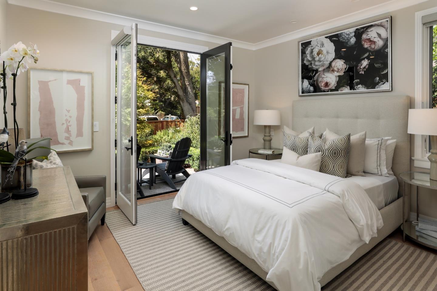 9 Park Drive Atherton, CA 94027 - Photo 16 of 56 a bedroom with a large bed a potted plant and a large window