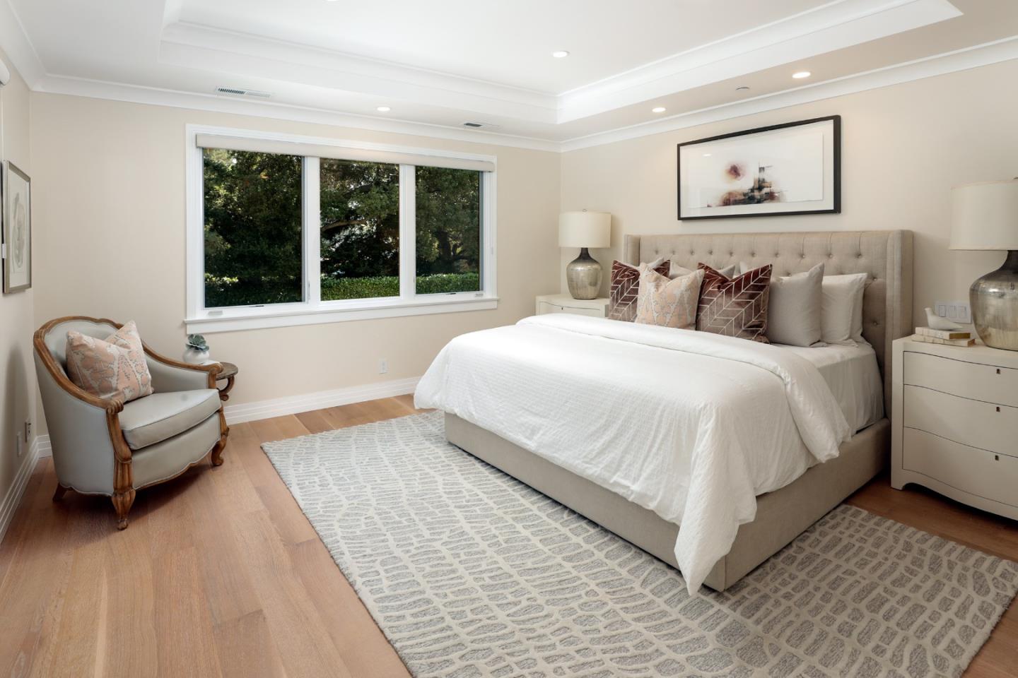 9 Park Drive Atherton, CA 94027 - Photo 29 of 56 a spacious bedroom with a large bed couch and a large window