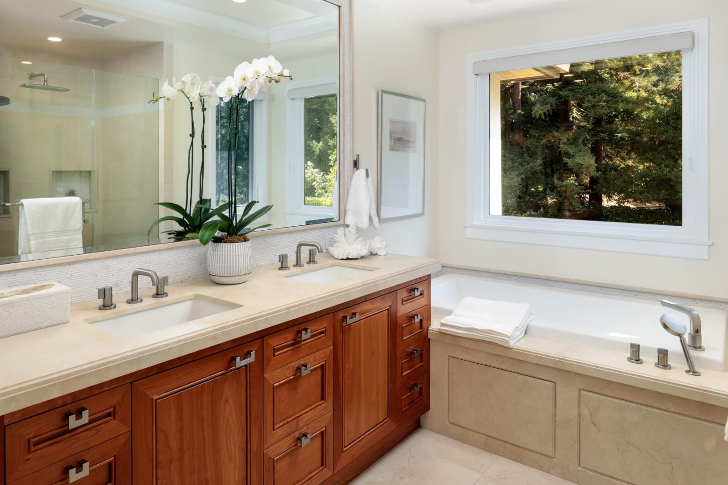 9 Park Drive Atherton, CA 94027 - Photo 32 of 56 a bathroom with a double vanity sink and a mirror