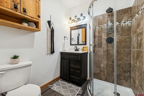 a bathroom with a sink a toilet and shower