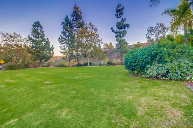 a view of a backyard with a garden and entertaining space