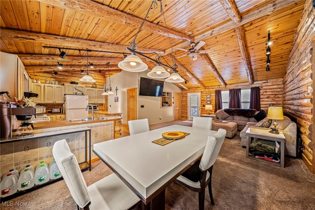 282 South Ridge Road West Conneaut, OH 44030 - Photo 13 of 49 Carpeted dining area with wooden ceiling, sink, track lighting, and rustic walls