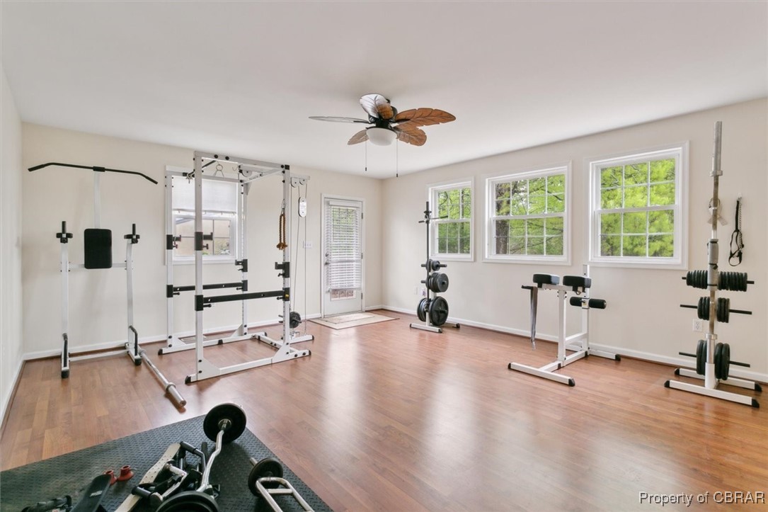345 Fox Hill Road Hampton, VA 23669 - Photo 23 of 46 Workout area featuring wood finished floors, baseboards, and a ceiling fan