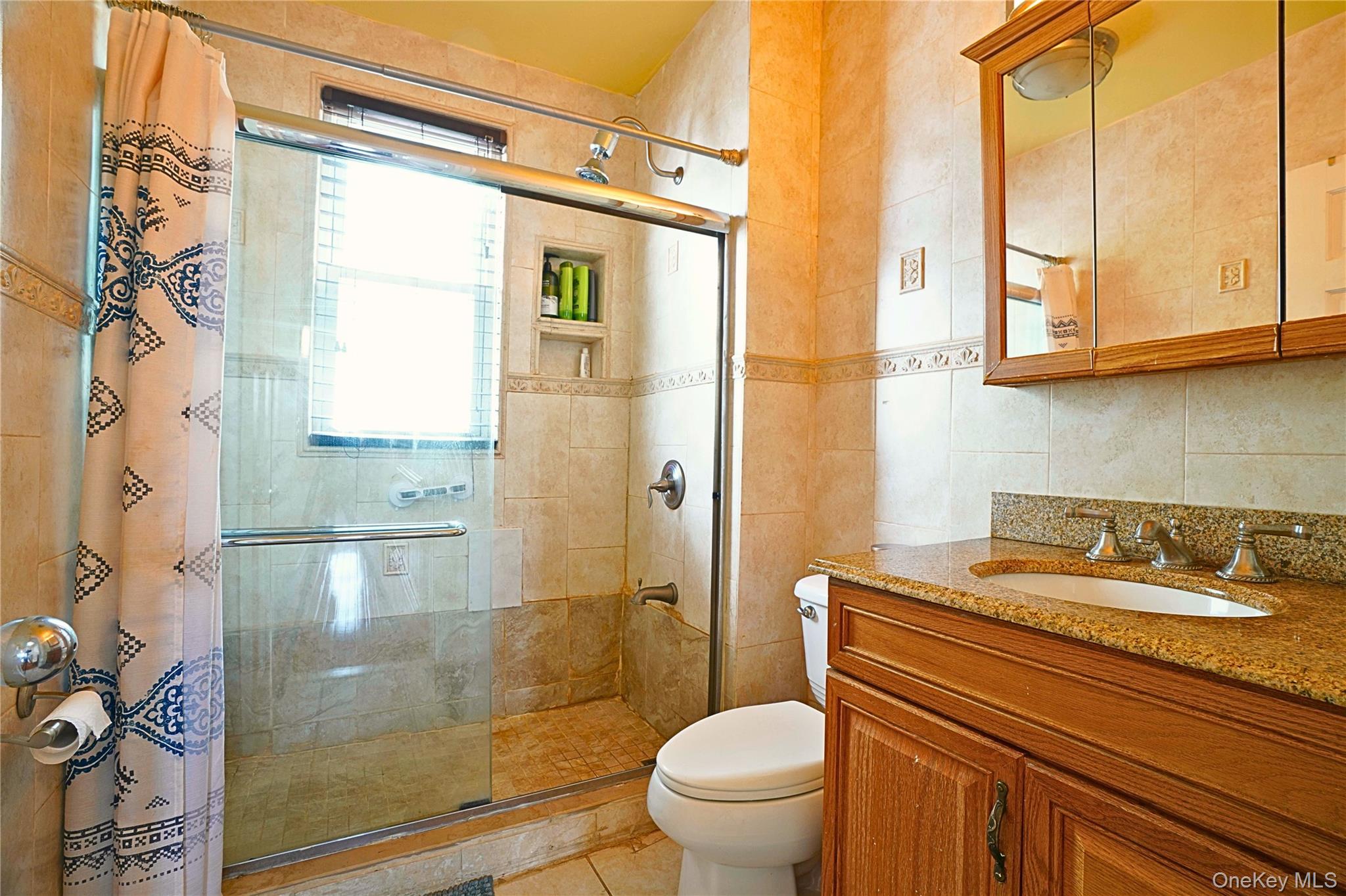 59-11 Fresh Pond Road Queens, NY 11378 - Photo 12 of 18 a bathroom with a granite countertop sink a toilet and shower
