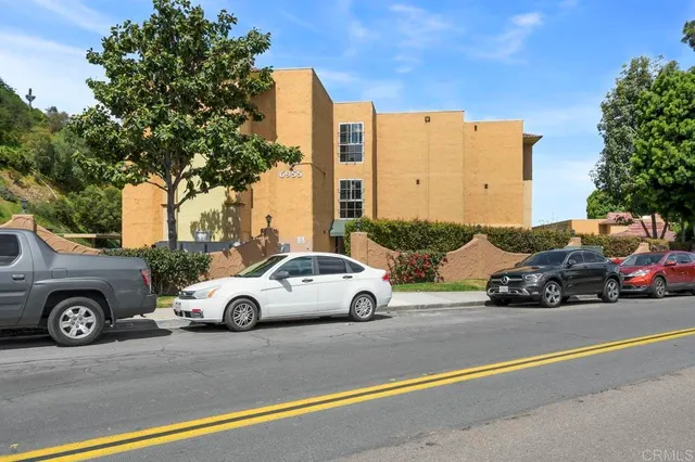 a backyard of a house with plants and palm trees