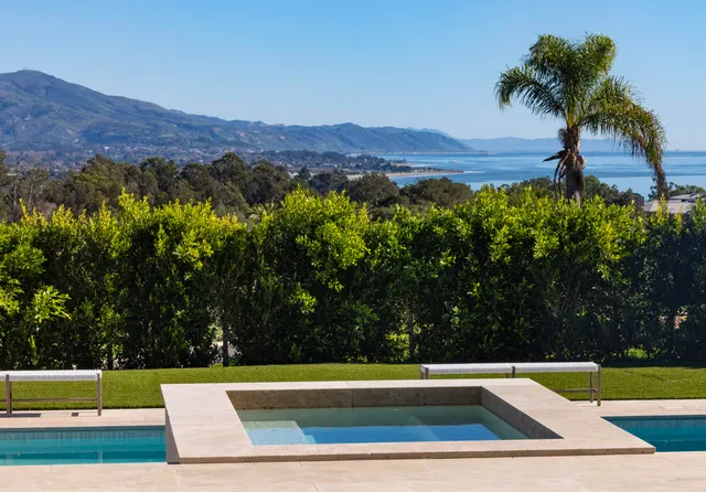 a view of yard with mountain and trees in the background