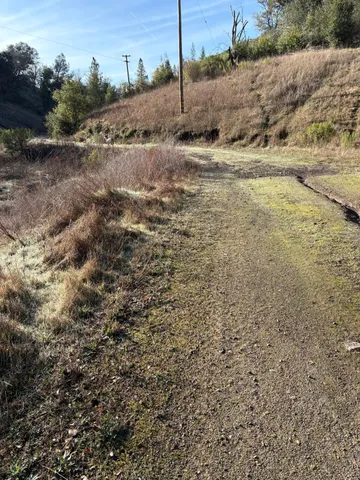 a view of a dry yard with wooden fence