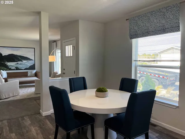 a view of a dining room with furniture and window