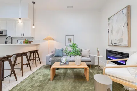 a living room with furniture a rug and a potted plant