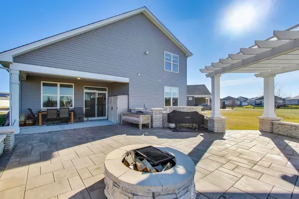 a view of a patio with swimming pool