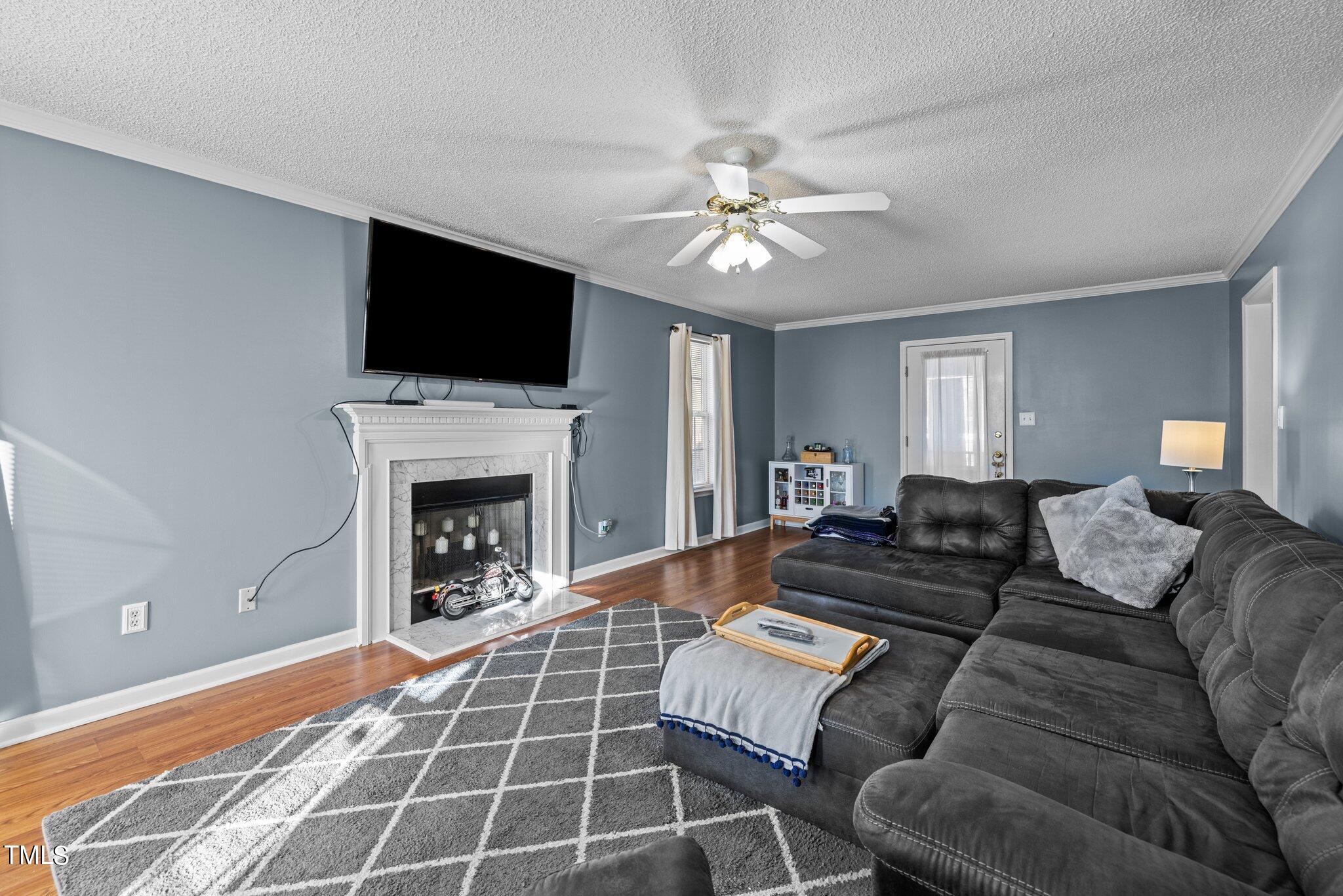 1516 Harvey Johnson Road Raleigh, NC 27603 - Photo 5 of 41 a living room with furniture a flat screen tv and a fireplace