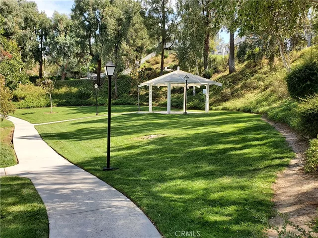 a view of a park with large trees