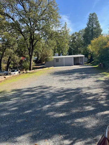 a view of a yard with large trees