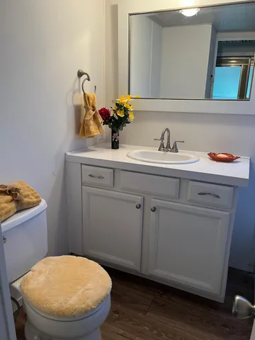 a bathroom with a toilet sink and mirror