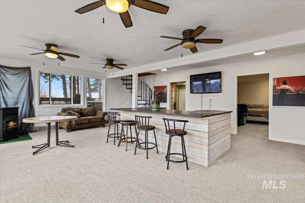 11545 Kuna Road Kuna, ID 83634 - Photo 29 of 50 Bar with dark countertops, light carpet, a textured ceiling, and a wood stove