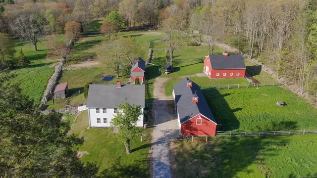 an aerial view of red house