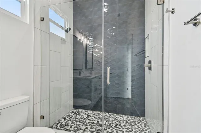 a bathroom with a shower and a toilet