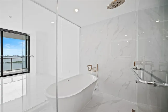 a bathroom with a bathtub and a shower