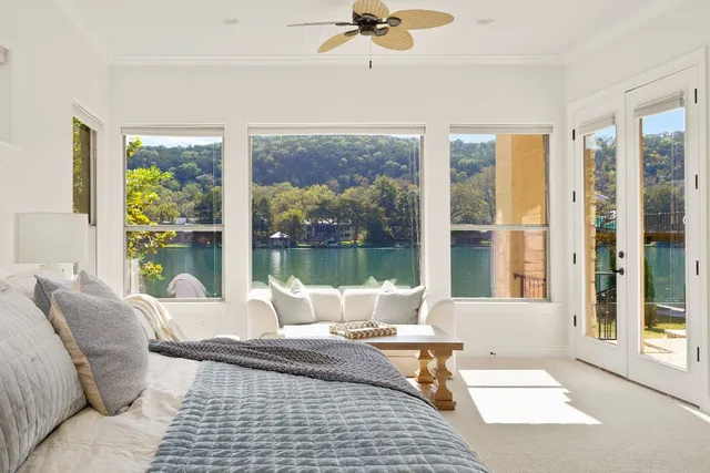 a living room with a large window