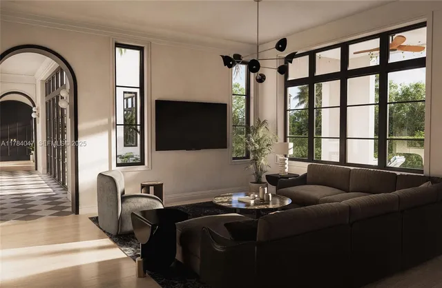 a living room with fireplace furniture and a flat screen tv