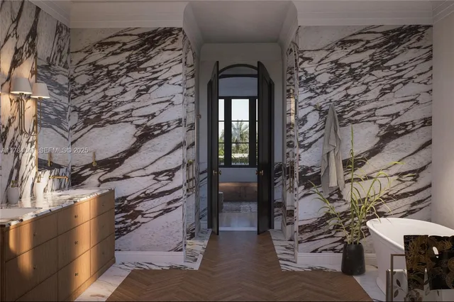 a bathroom with a bathtub and shower