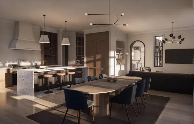 a view of a dining room with furniture and window