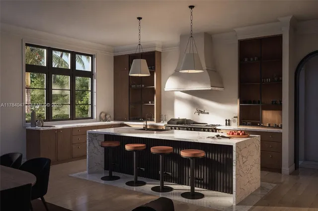 a kitchen with a stove and a refrigerator