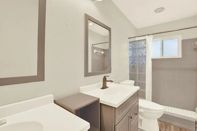 a bathroom with a sink a toilet and shower