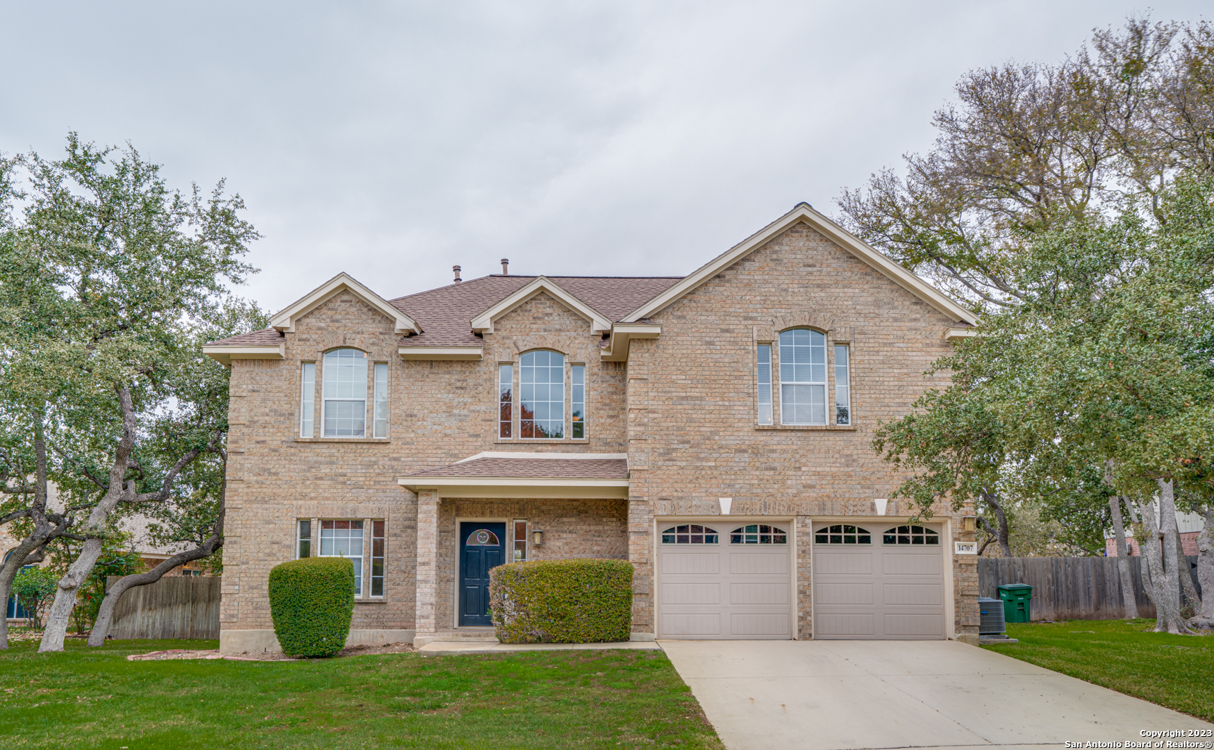 a view of a yard in front of a house with plants and large tree