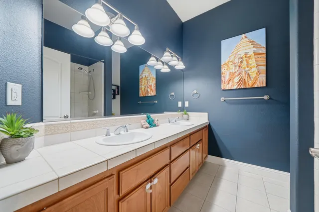 a bathroom with a sink a large mirror and a potted plant