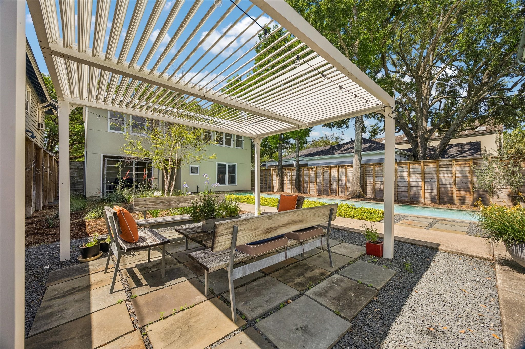 1418 Kipling Street Houston, TX 77006 - Photo 23 of 42 Sturdy aluminum pergola with adjustable shade louvers. What a great place to sit and enjoy the landscaped courtyard and pool! The facing fence on the West side of the pool has been recently replaced.
