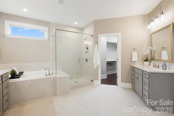 a bathroom with a tub a sink a mirror and a shower