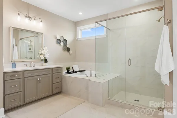 a bathroom with a double vanity sink mirror and shower