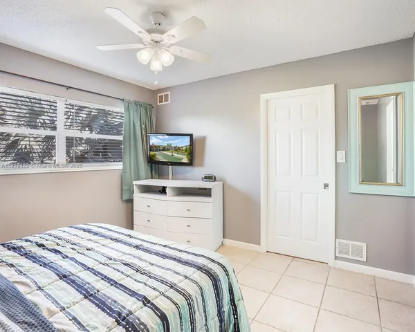 a bedroom with a bed and a flat tv screen on the dresser