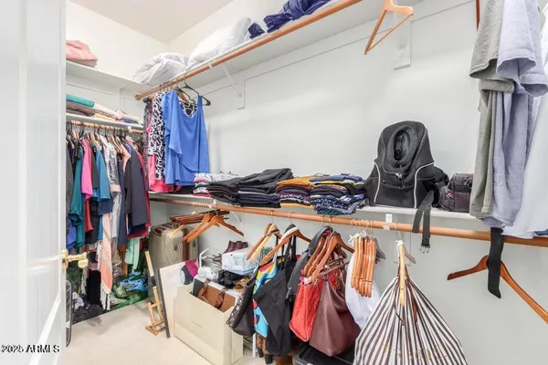 a view of walk in closet with clothes