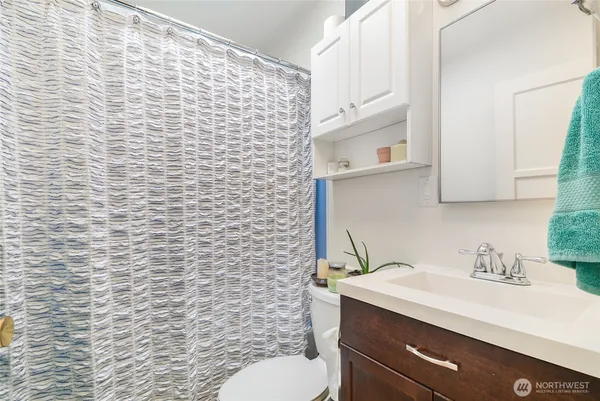 a bathroom with a sink a toilet and shower curtain