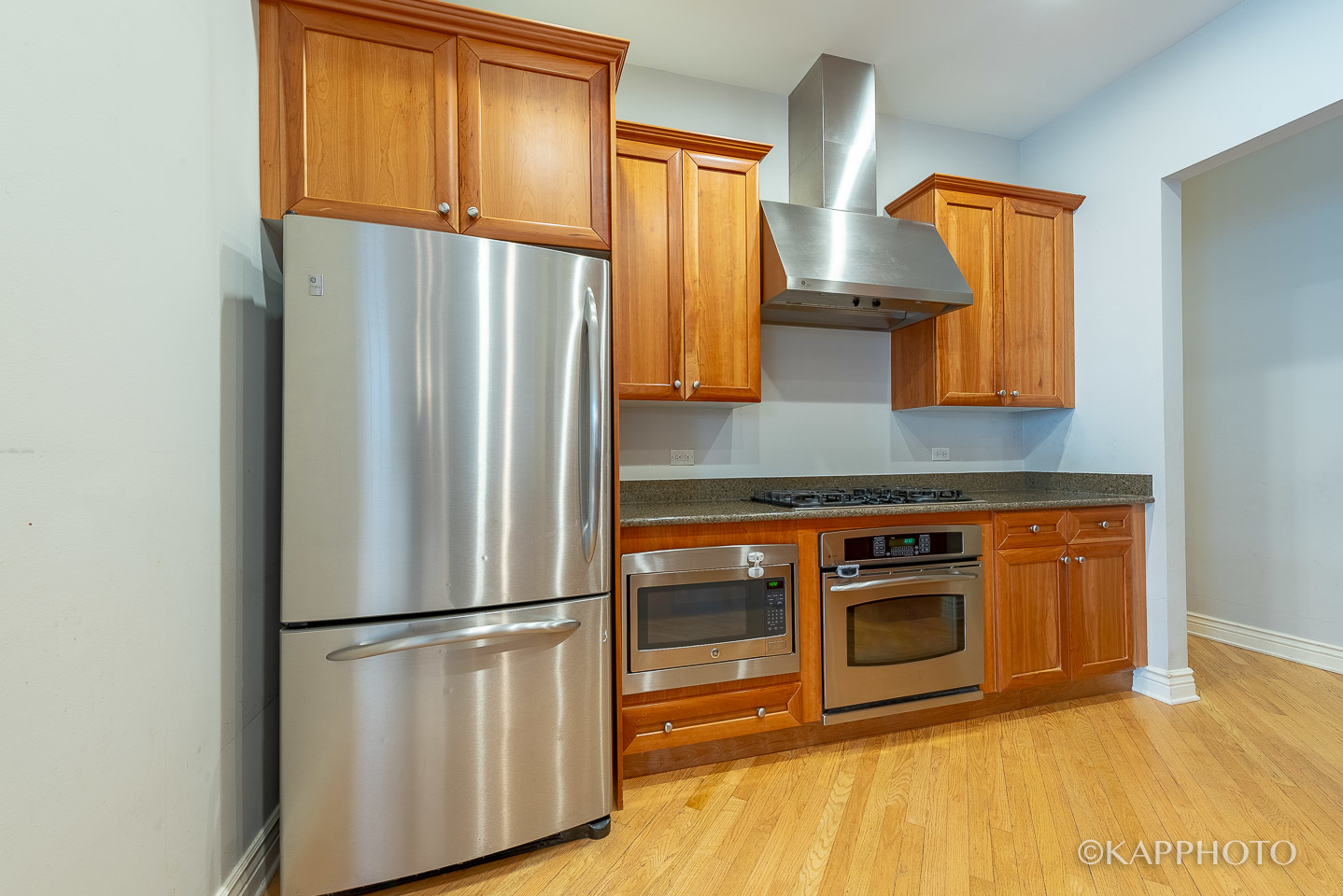 35 South Racine Avenue, Unit 2SE Chicago, IL 60607 - Photo 12 of 27 a kitchen with stainless steel appliances granite countertop a refrigerator a stove and a wooden floors