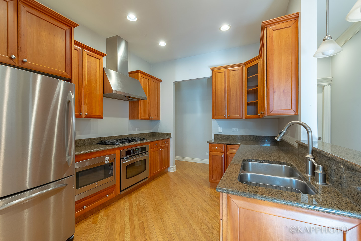 35 South Racine Avenue, Unit 2SE Chicago, IL 60607 - Photo 10 of 27 a kitchen with stainless steel appliances granite countertop a refrigerator a stove and a sink with wooden floor