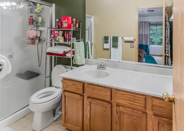 a bathroom with a sink mirror and toilet