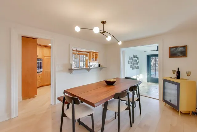 a view of a dining room with furniture