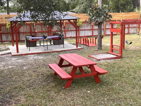 a view of a backyard with sitting area