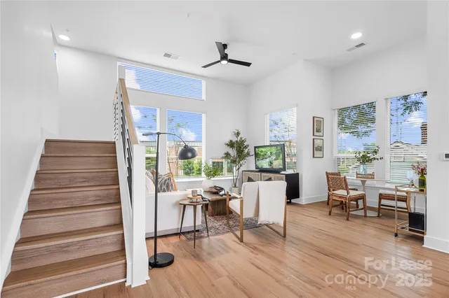 a living room with furniture and a potted plant