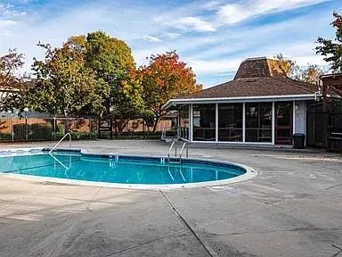 a view of a house with a swimming pool and a large tree